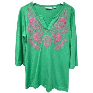 Kim Gravel Bellisima Top Medium Petite Green Pink Embroidery 3/4 Sleeve Tee